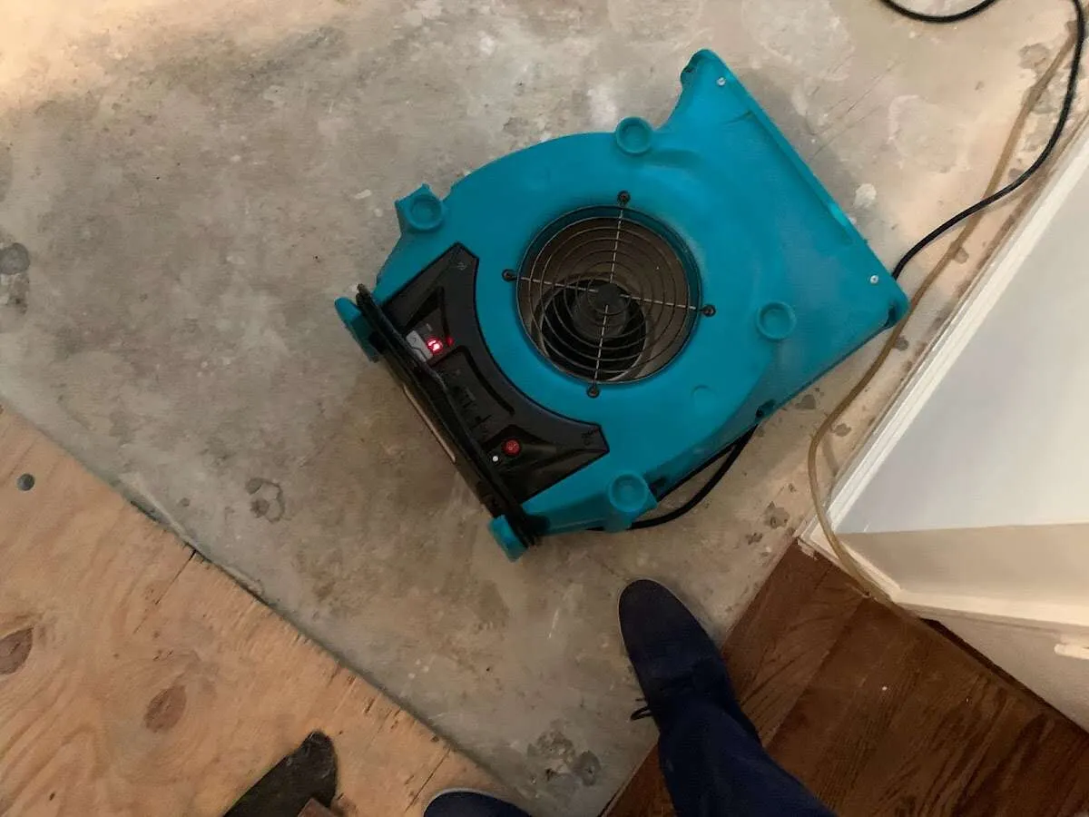 Air mover drying subfloor during Commercial Water Damage Restoration in Tobyhanna